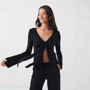 fit slim sleeveless 修 Lace shirt逊绑带设计感蝴蝶结长袖 bow