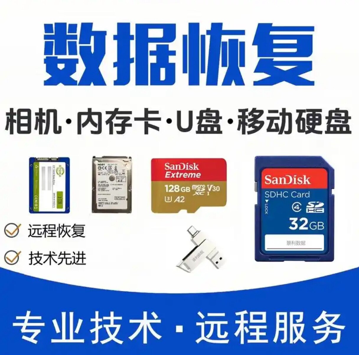 数据恢复远程服务: 相机内存卡，U盘，移动硬盘