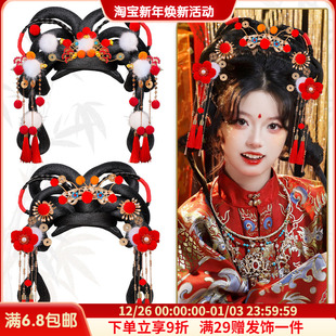 假发一体式 宝毛绒发冠发夹红色流苏头饰 发箍发包cos小财神可爱元