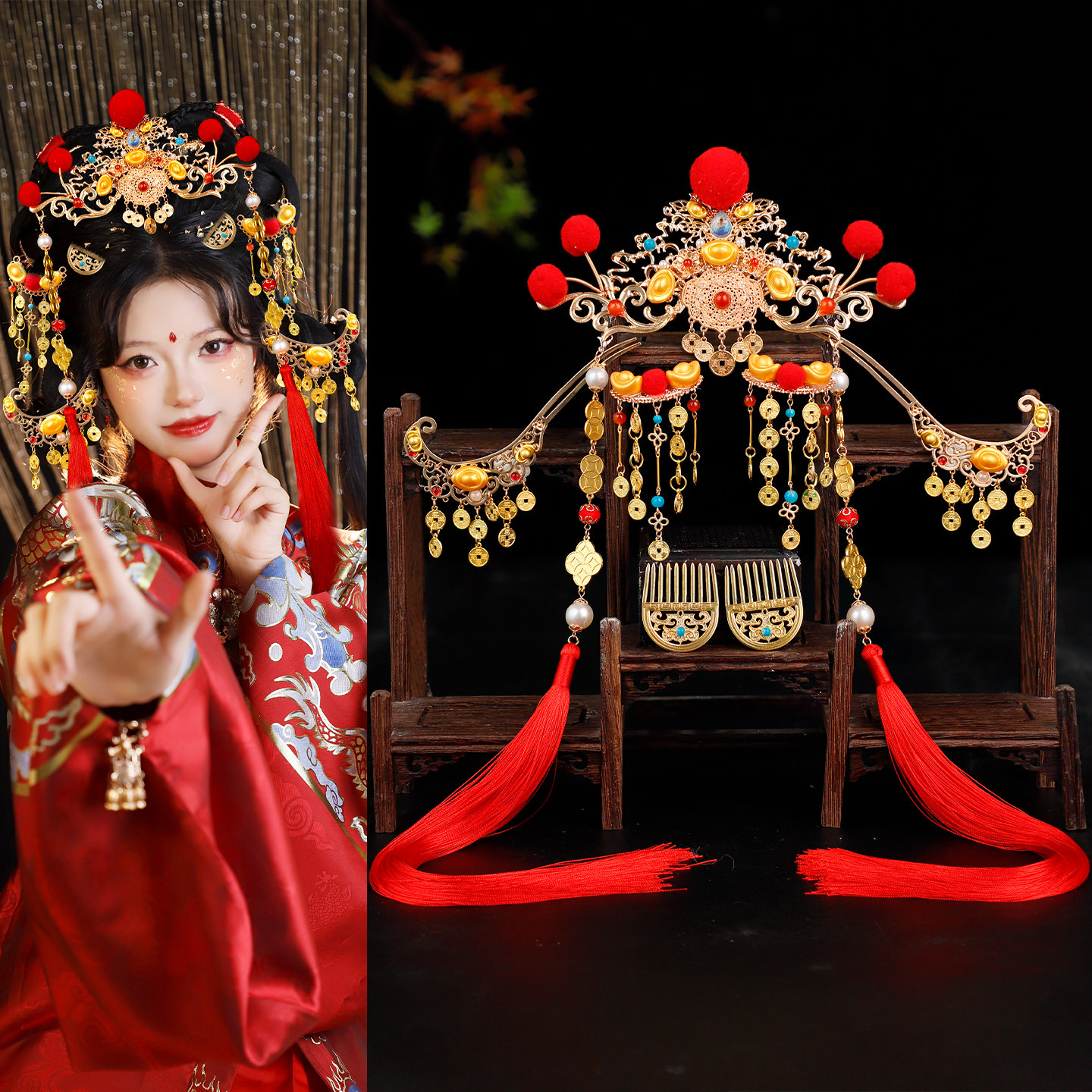 古风新年cos财神头饰发冠仿铜钱长流苏穗子发钗发梳汉服喜庆百搭