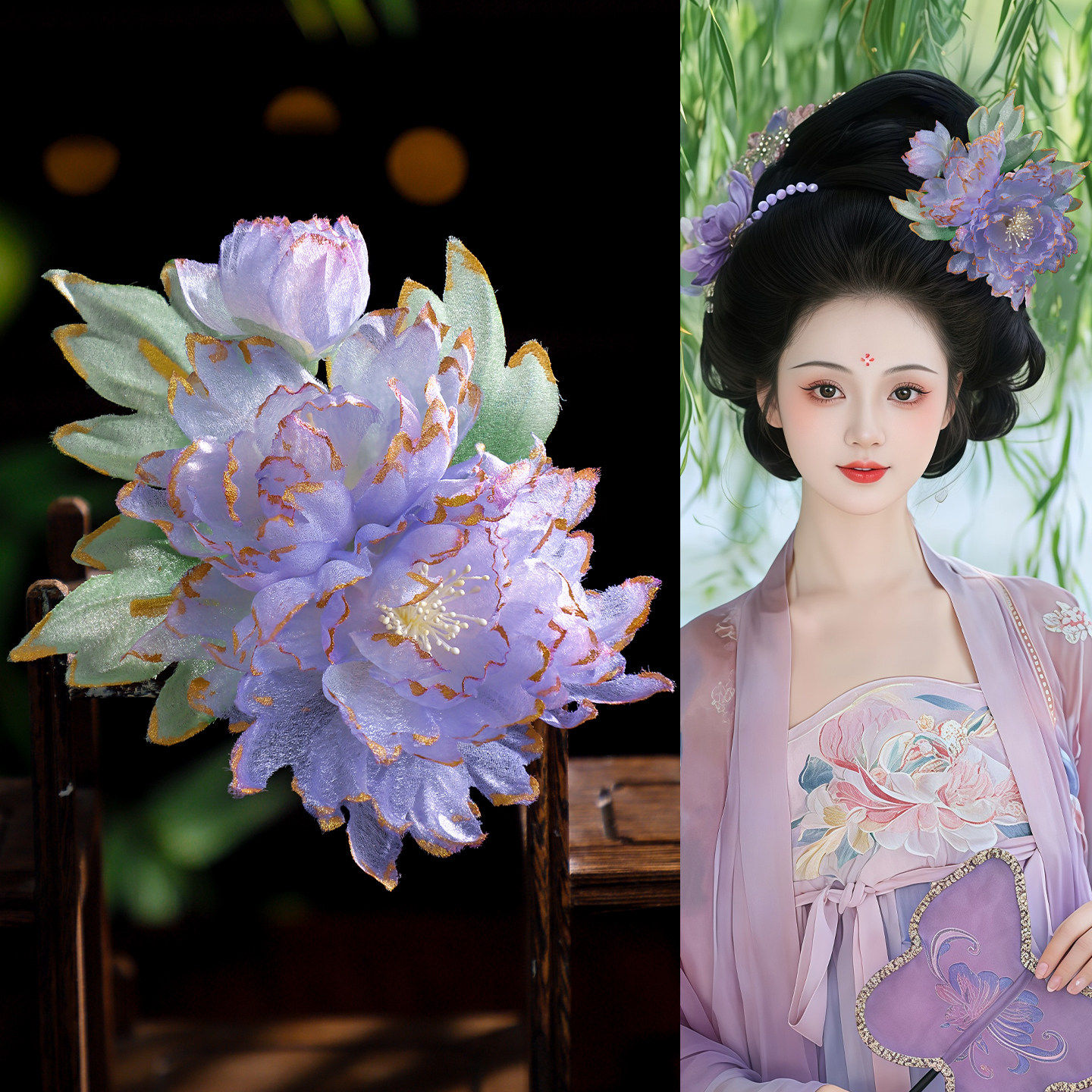 古风写真牡丹发饰粉紫色金边绢纱烫花发钗明制汉服氛围感古风头饰