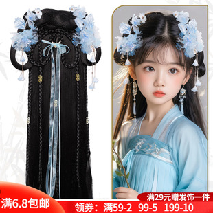 古风假发头饰套装女童长披发发箍甜美绢花飘带百搭日常配饰组合