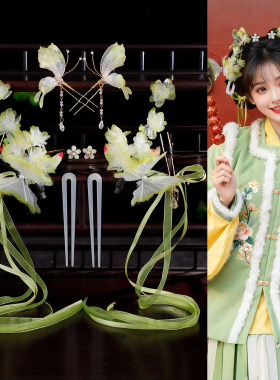 绿色系小清新蝴蝶花朵发饰