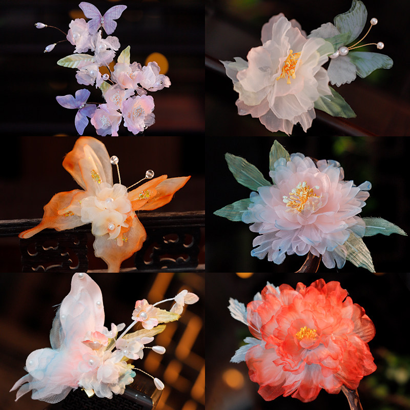 古风汉服精美仿真绢纱烫花发夹宫廷造型日常百搭古典花朵发夹配饰