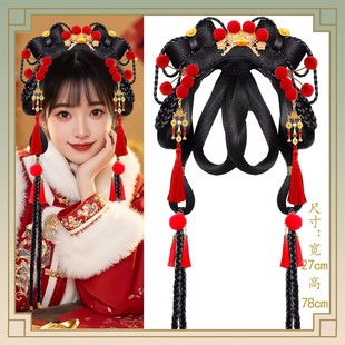古风汉服假发一体式 懒人发箍甜美蝴蝶结发包红色毛球发夹发冠全套