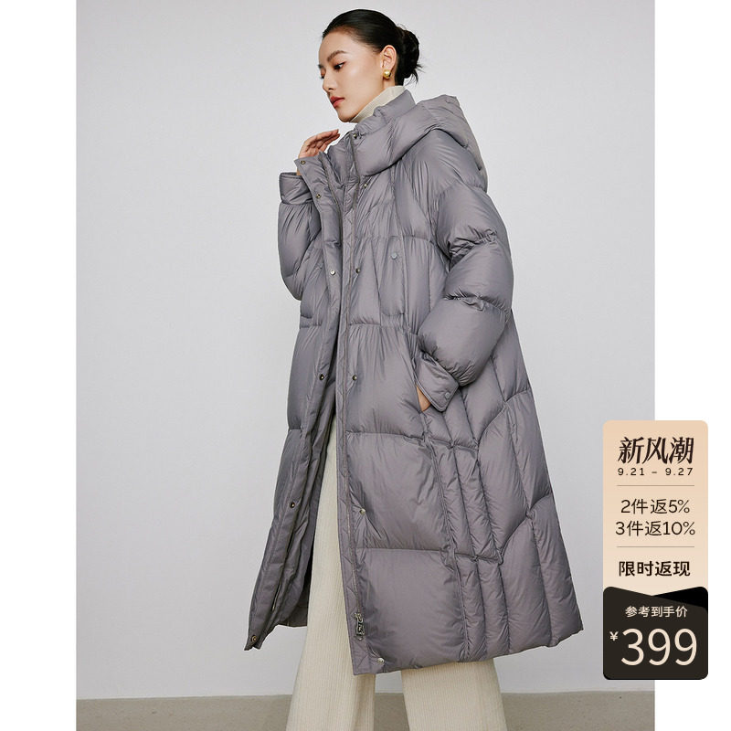 衣香丽影90白鹅绒绗缝羽绒服女中长款2026冬连帽灰色保暖过膝外套