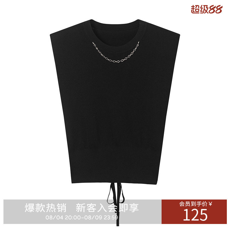 衣香丽影【断码福利】三醋酸无袖针织衫女夏垫肩金属链条装饰上衣