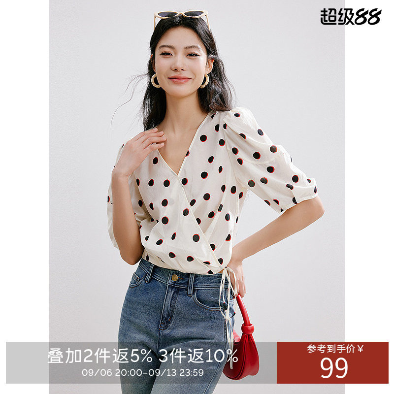 衣香丽影夏V领复古波点印花雪纺衬衫泡泡袖衬衣