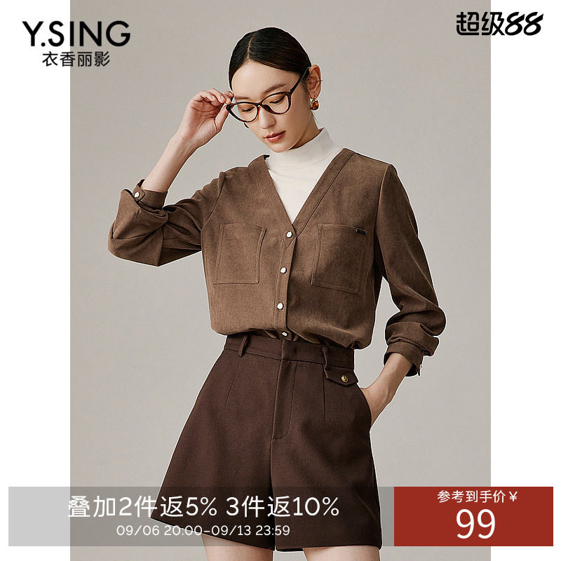 衣香丽影假两件灯芯绒衬衫女春秋款港风复古半高领上衣