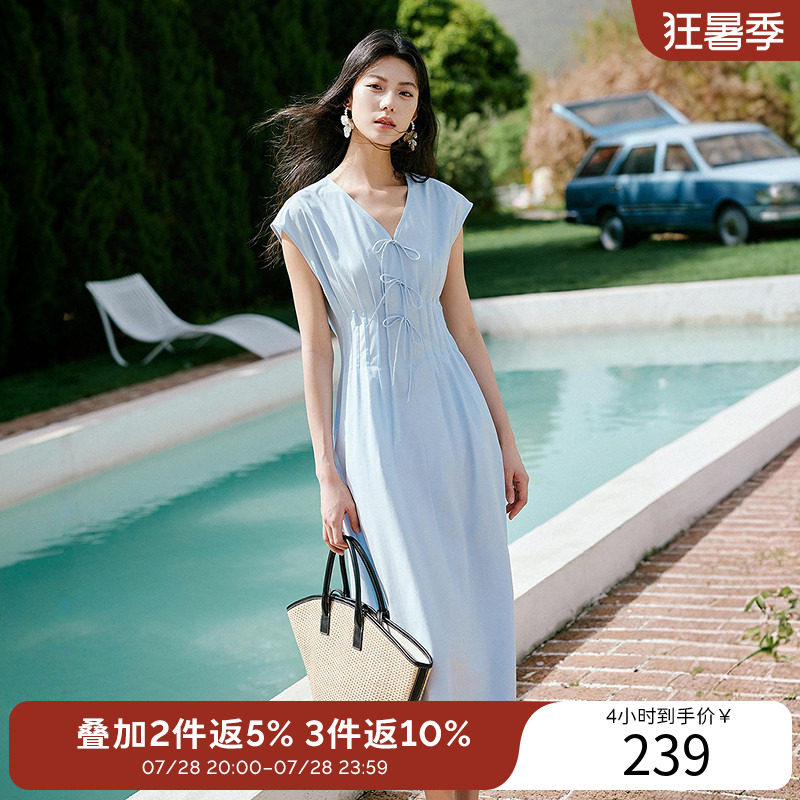衣香丽影莫代尔压褶收腰连衣裙女夏遮肉显瘦法式茶歇长款无袖裙子