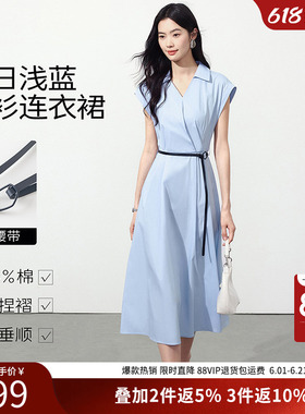 衣香丽影蓝色衬衫式连衣裙女2026年夏装新款捏褶收腰盖袖翻领裙子