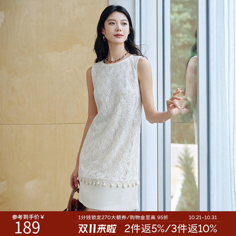 衣香丽影白色蕾丝拼接无袖连衣裙女2026年夏装新款小香风亚麻裙子