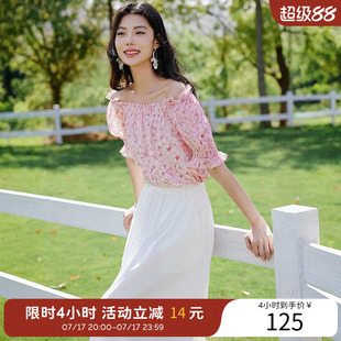 衣香丽影一字领碎花雪纺衫女夏装重工打揽上衣