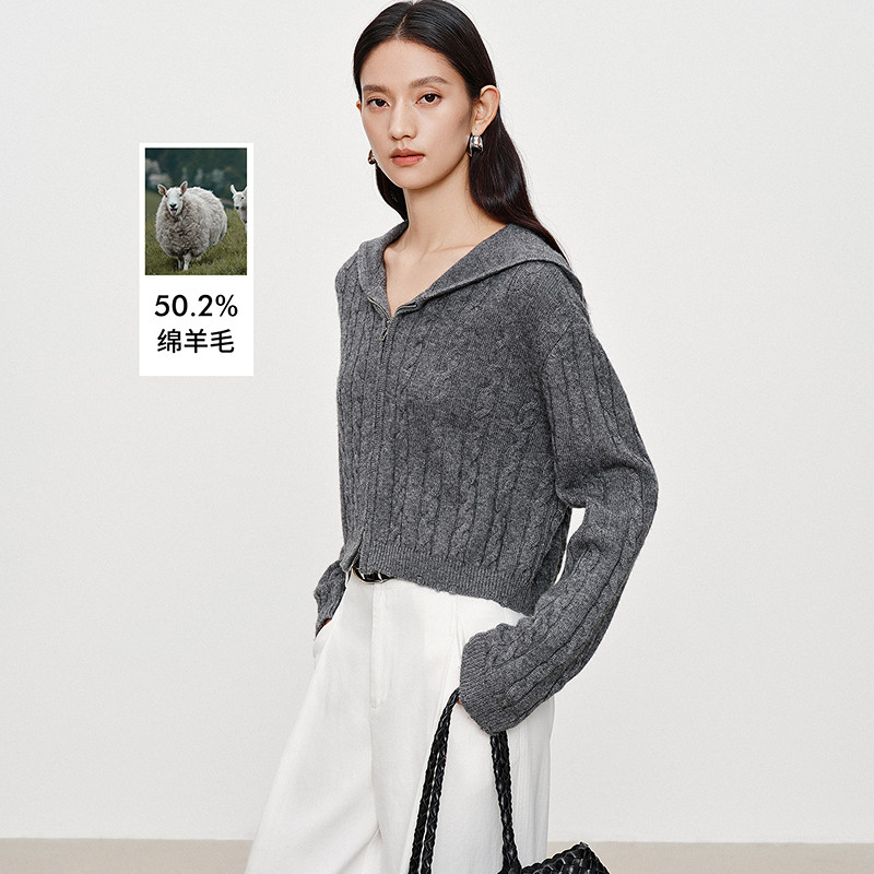 衣香丽影灰色连帽拉链针织开衫女2026秋装新款宽松软糯不规则上衣