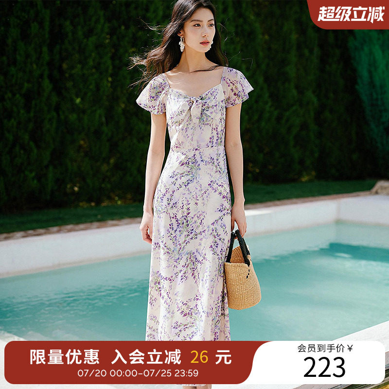 衣香丽影碎花雪纺连衣裙女夏装度假风法式漂亮掐腰裙子