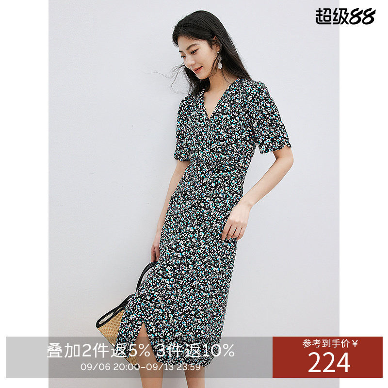 衣香丽影V领碎花气质茶歇连衣裙夏时尚减龄泡泡袖裙子