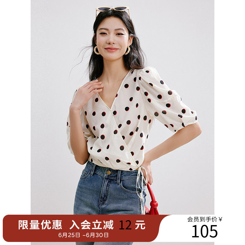 衣香丽影夏V领复古波点印花雪纺衬衫泡泡袖衬衣