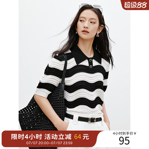 【断码福利】波浪条纹针织衫女夏装韩系穿搭别致宽松翻领上衣