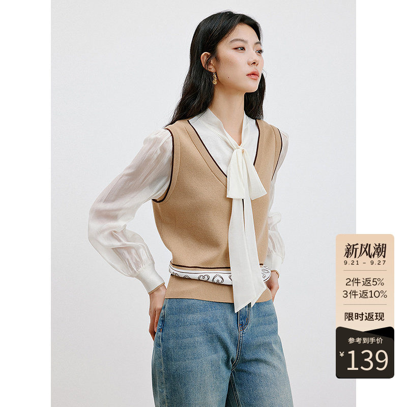 衣香丽影蝴蝶结飘带衬衫女2026年春季慵懒风撞色上衣