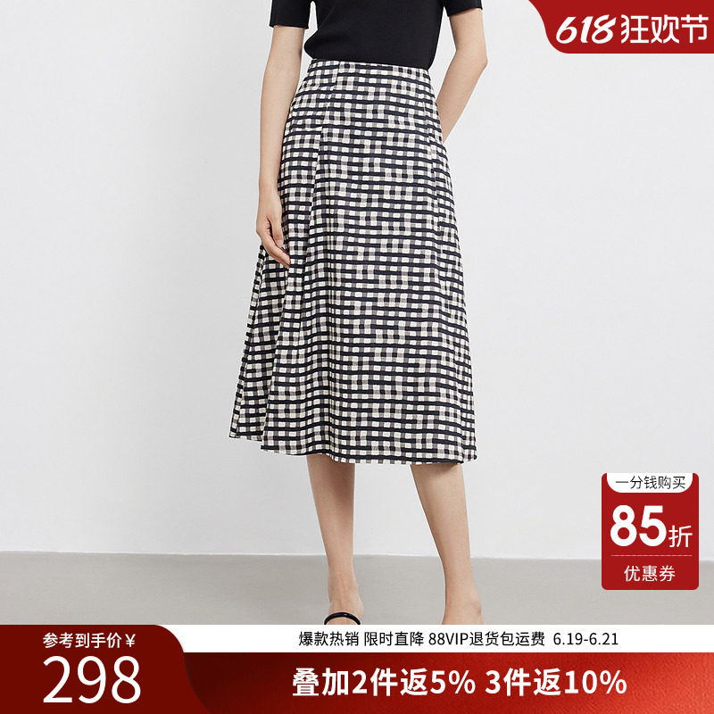 衣香丽影全棉黑白格子半身裙女2026年夏装新款中长裙子150433302