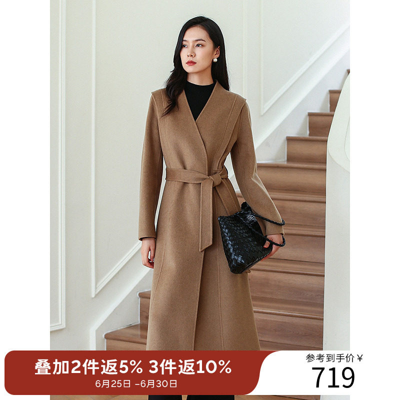 衣香丽影高级感气质V领双面呢大衣2025年冬装搭配腰带毛呢外套