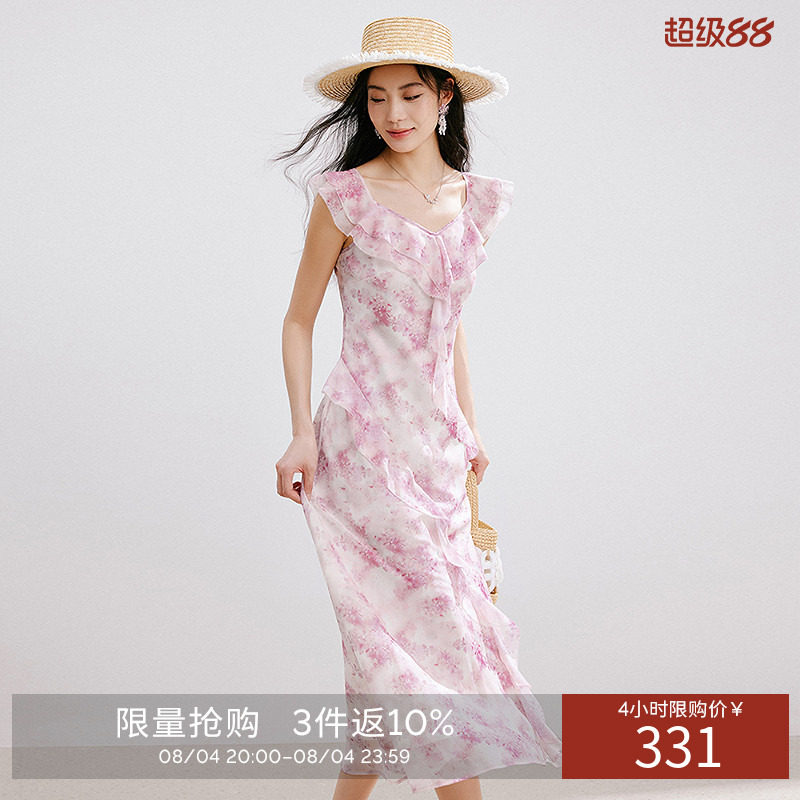 衣香丽影碎花连衣裙女夏装优雅荷叶边顺纡绉雪纺裙子