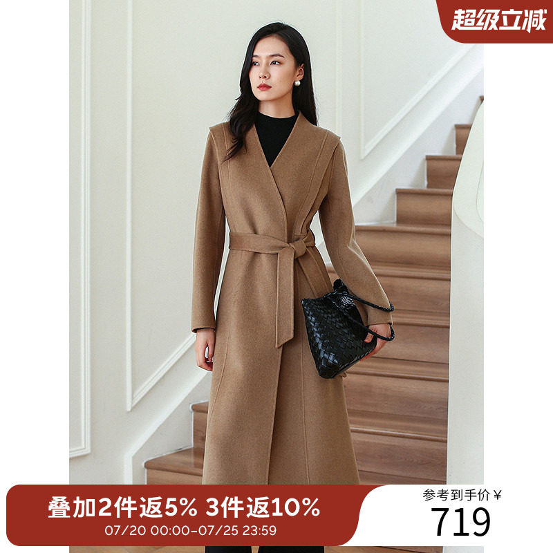 衣香丽影高级感气质V领双面呢大衣2025年冬装搭配腰带毛呢外套