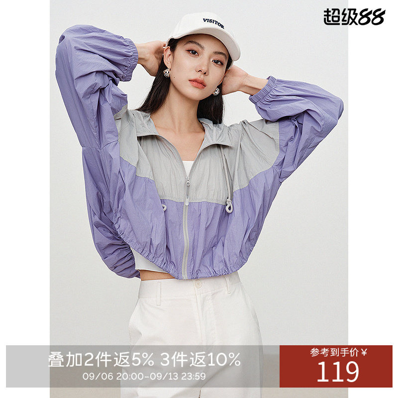 衣香丽影紫色薄款连帽拉链短外套