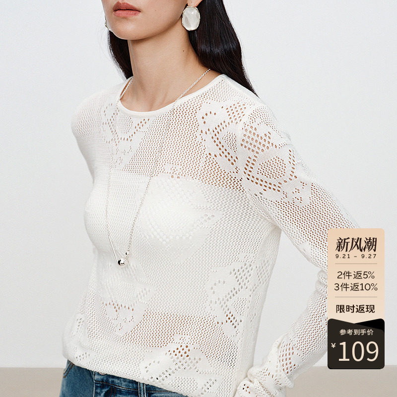 衣香丽影白色蕾丝镂空长袖针织衫女2026今年秋装新款法式优雅上衣