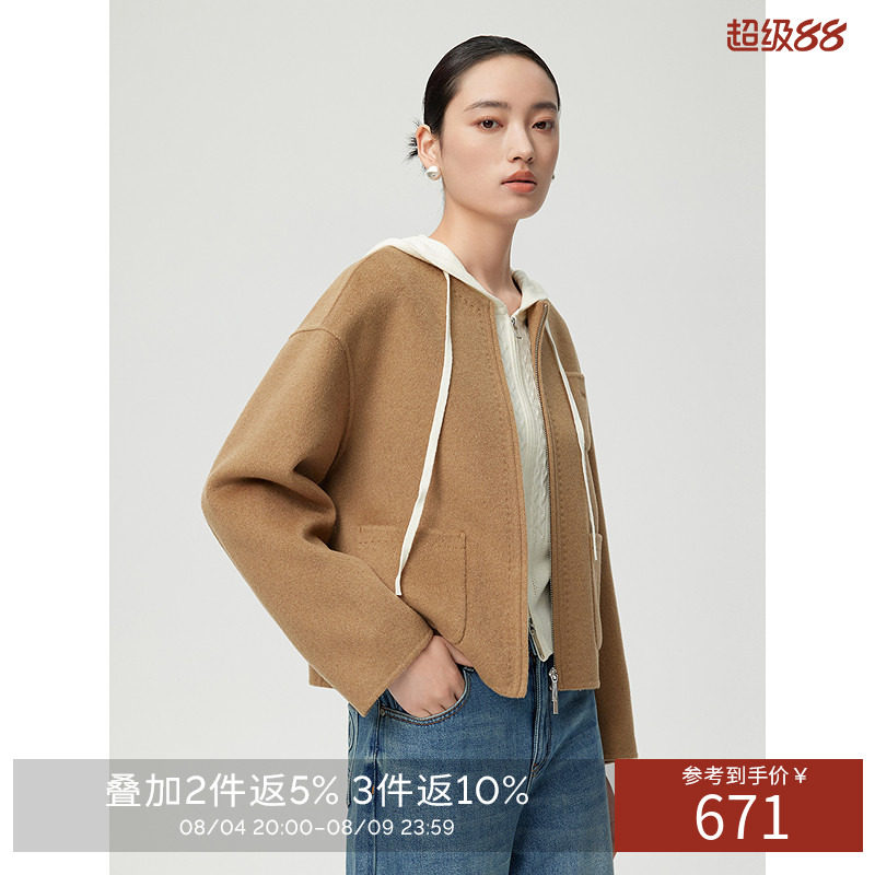 衣香丽影刺绣圆领双面呢大衣女2026年冬装优雅短款外套