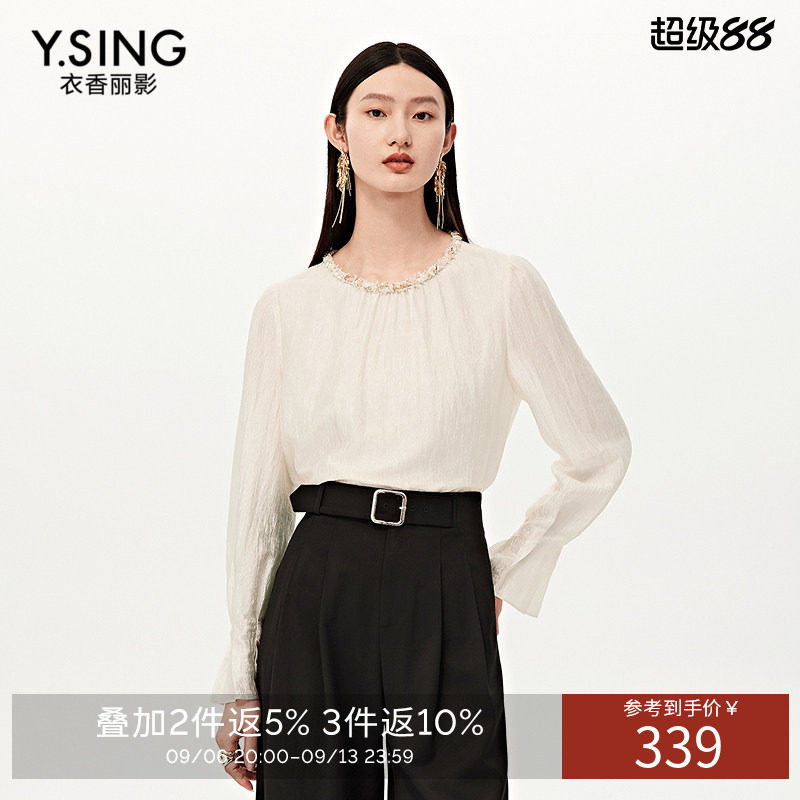 【商场同款】衣香丽影花瓣袖雪纺衫女2026秋白色气质法式宽松上衣