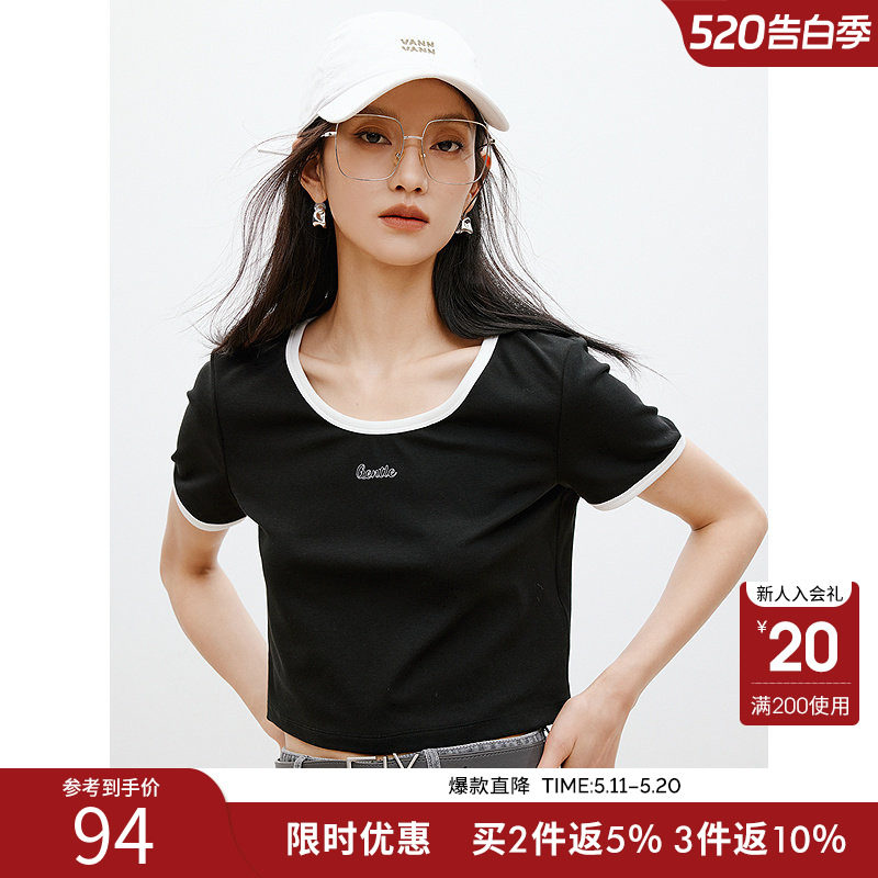 衣香丽影黑色撞色字母截短T恤女2026年夏装新款修身显瘦短袖上衣