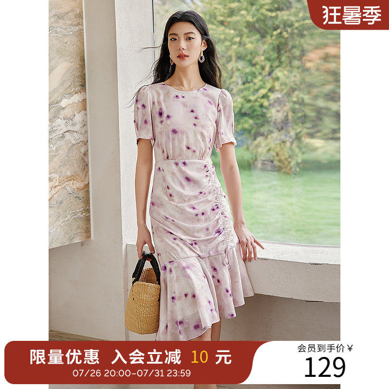 衣香丽影泡泡袖碎花连衣裙夏可调节抽褶设计减龄显瘦裙子
