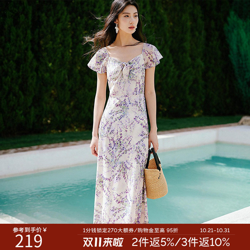 衣香丽影碎花雪纺连衣裙女夏装度假风法式漂亮掐腰裙子