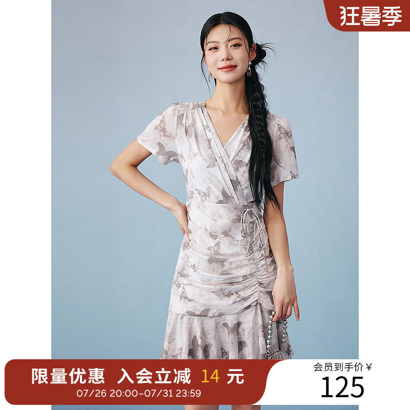 衣香丽影泡泡袖碎花连衣裙夏可调节抽褶设计减龄裙子