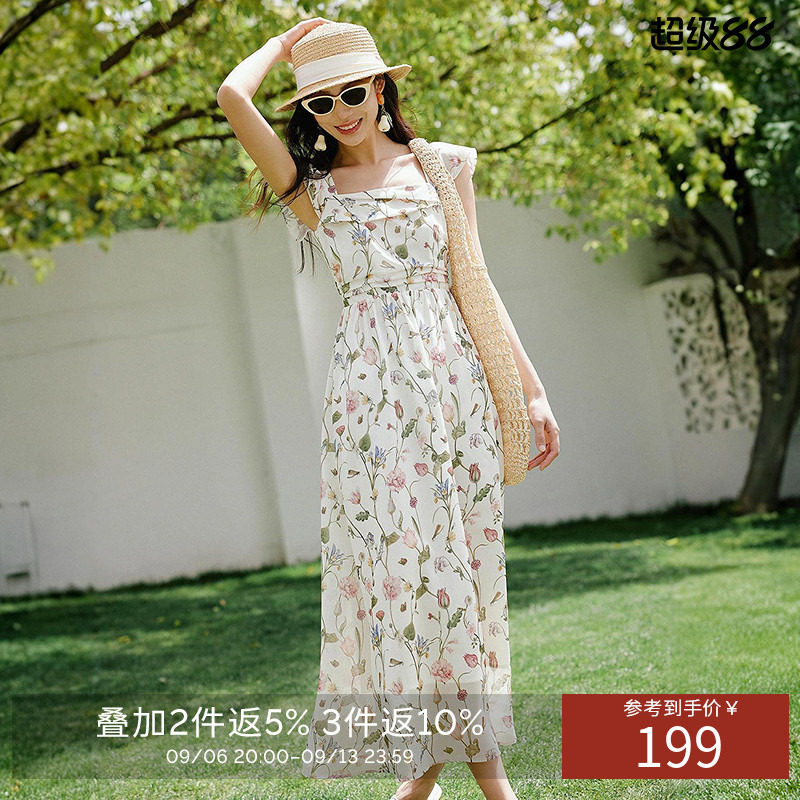 衣香丽影【断码福利】度假风碎花连衣裙女夏装浪漫方领茶歇裙子