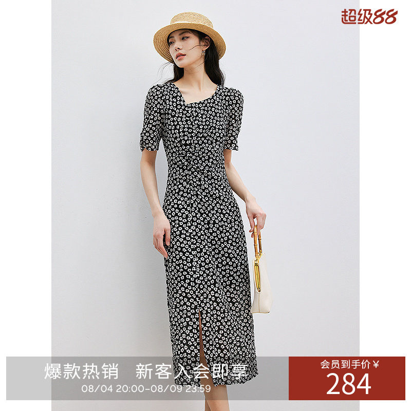 衣香丽影复古碎花抽褶连衣裙夏时尚减龄泡泡袖裙子