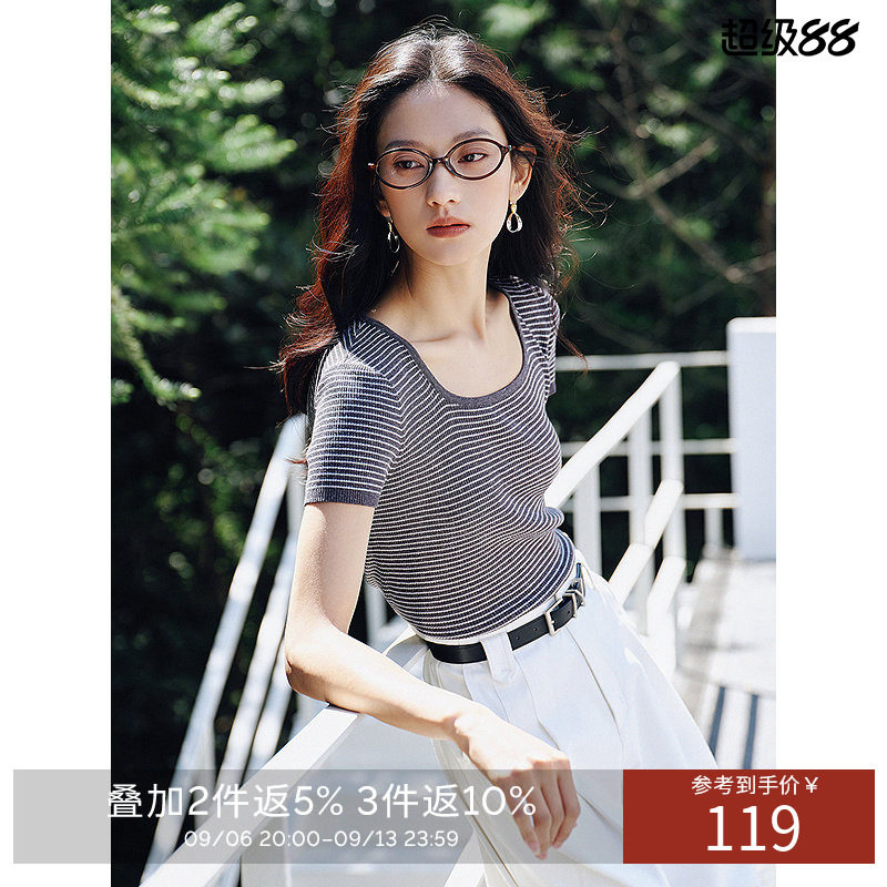【断码福利】细条纹短袖针织衫女夏装高级感亚麻老钱风上衣图片
