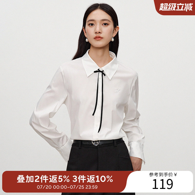 衣香丽影白色绣花衬衫女士2025年秋装新款可拆卸领结法式小资上衣