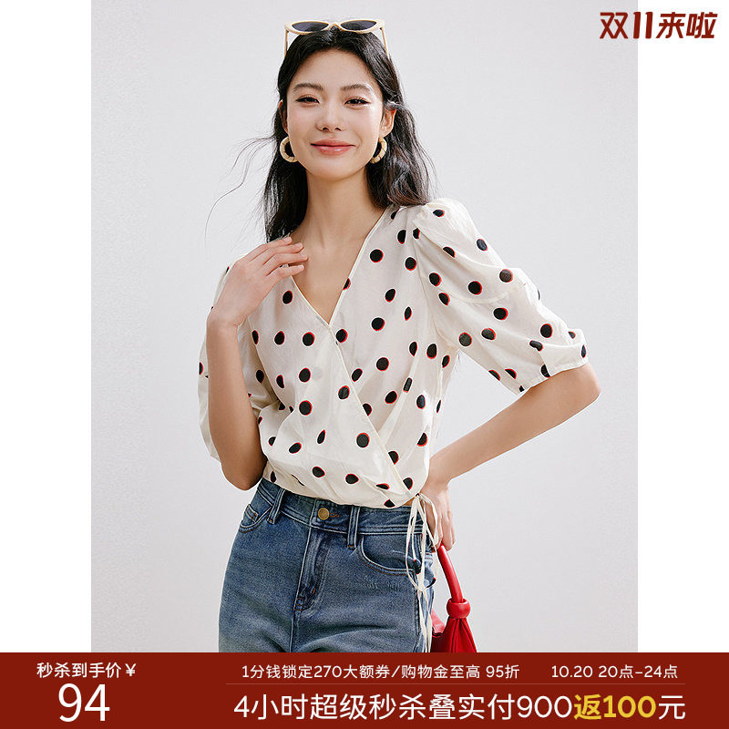 衣香丽影夏V领复古波点印花雪纺衬衫泡泡袖衬衣