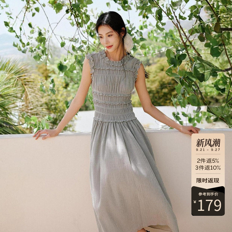 衣香丽影重工打揽无袖连衣裙女夏装法式木耳边裙子