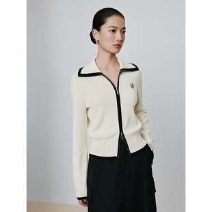 撞色翻领拉链针织开衫女衣香丽影2026春季新款洋气减龄设