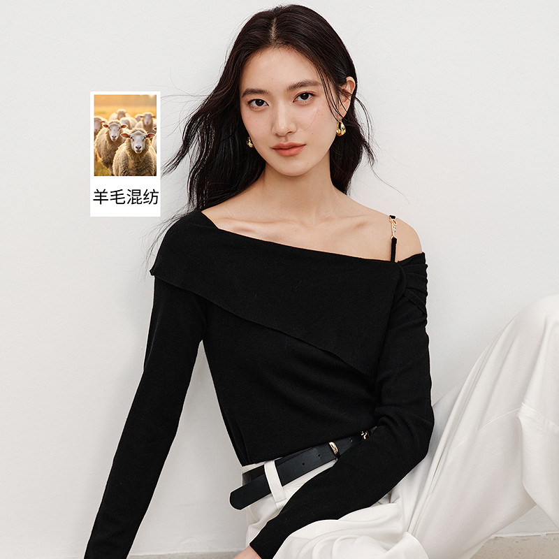 衣香丽影一字领长袖针织衫女2026年秋装遮肉显瘦露肩上衣