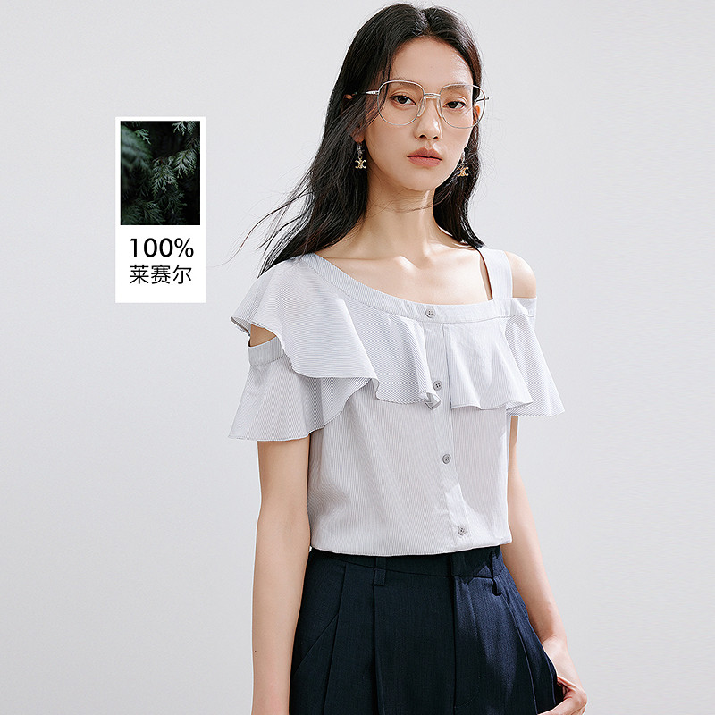 衣香丽影露肩衬衫女夏装荷叶领细条纹上衣