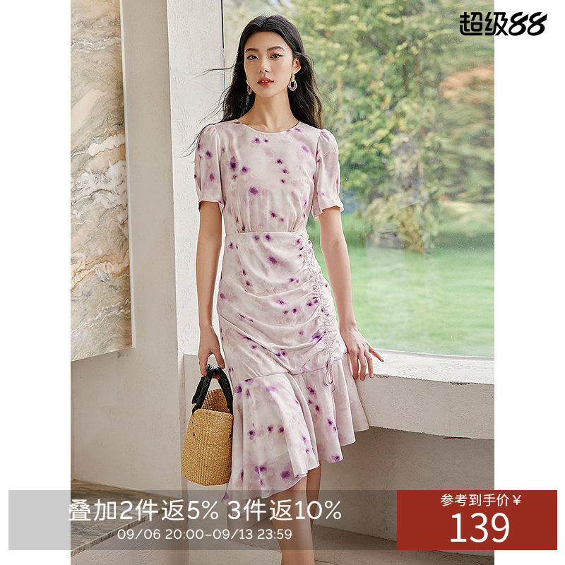 衣香丽影泡泡袖碎花连衣裙夏可调节抽褶设计减龄显瘦裙子