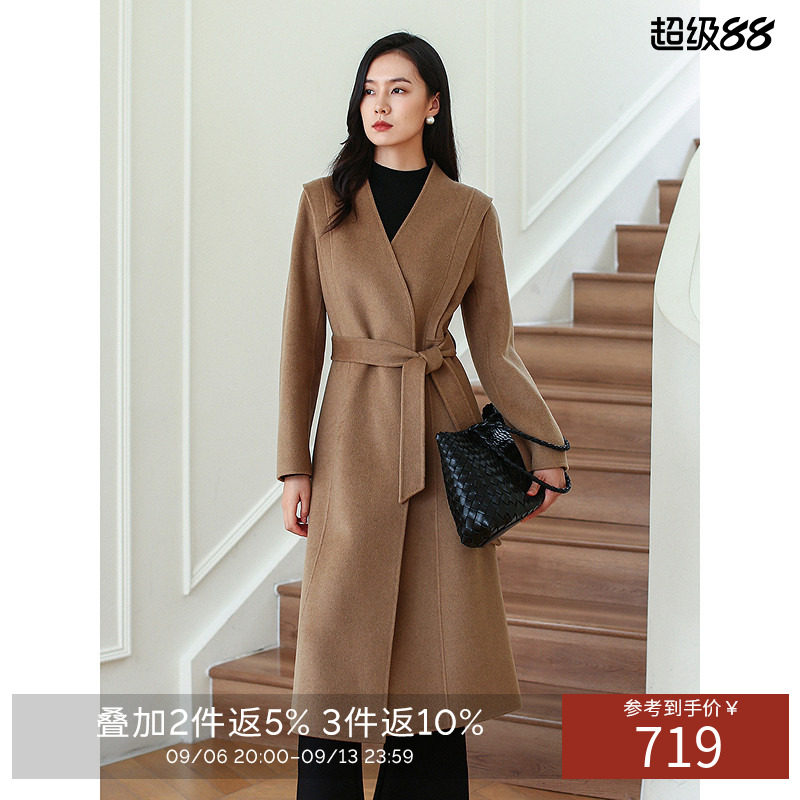 衣香丽影高级感气质V领双面呢大衣2026年冬装搭配腰带毛呢外套