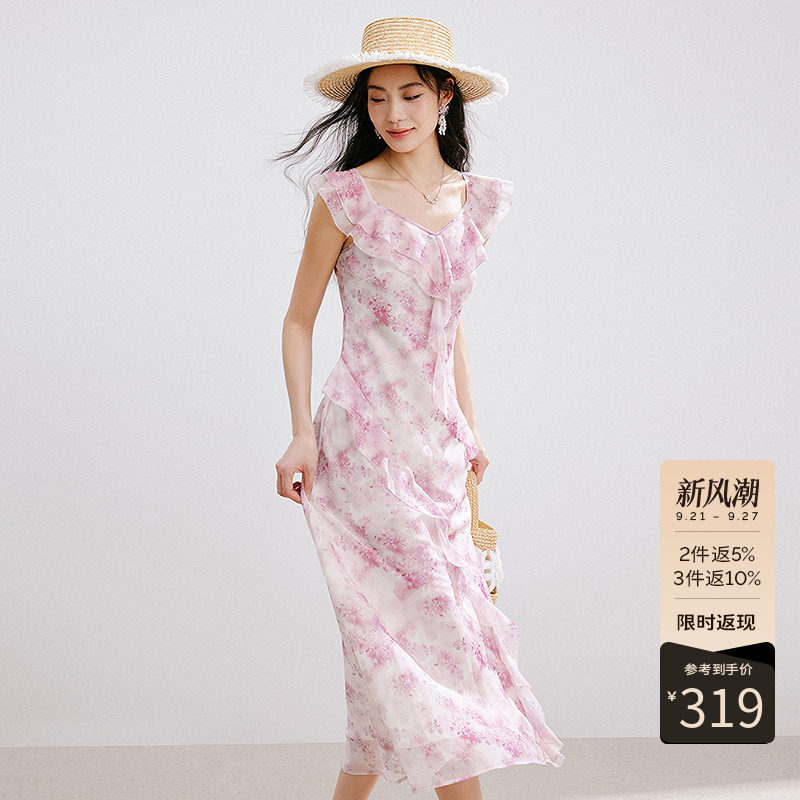 衣香丽影碎花连衣裙女夏装优雅荷叶边顺纡绉雪纺裙子