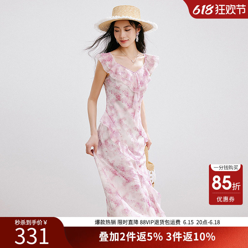 衣香丽影碎花连衣裙女夏装优雅荷叶边顺纡绉雪纺裙子