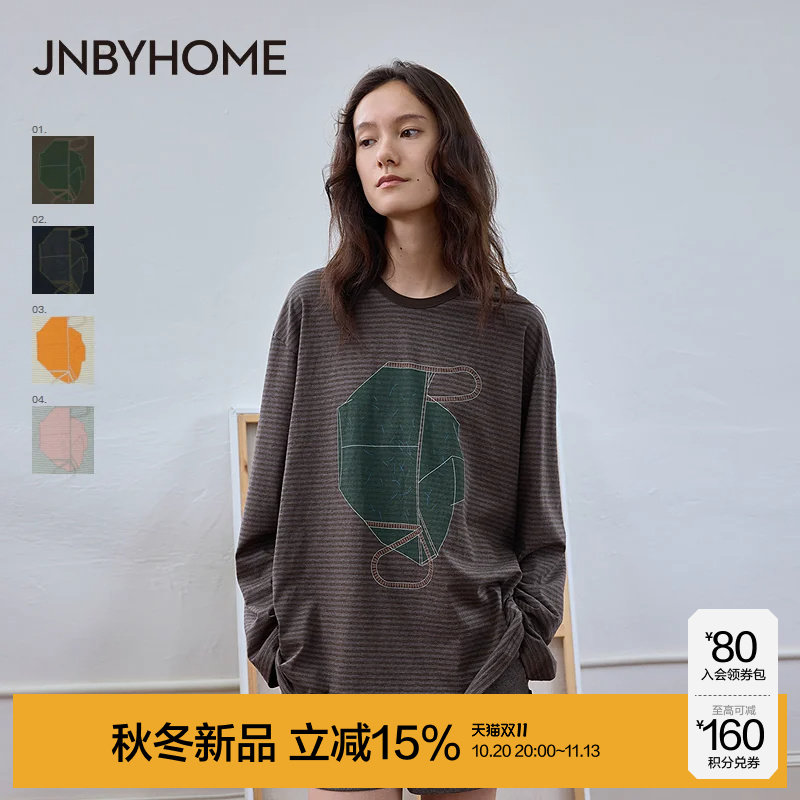 JNBYHOME江南布衣26新款冬纯棉长袖圆领套头上衣女家居服印花睡衣