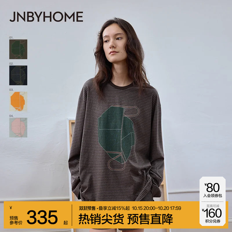 JNBYHOME江南布衣26新款冬纯棉长袖圆领套头上衣女家居服印花睡衣